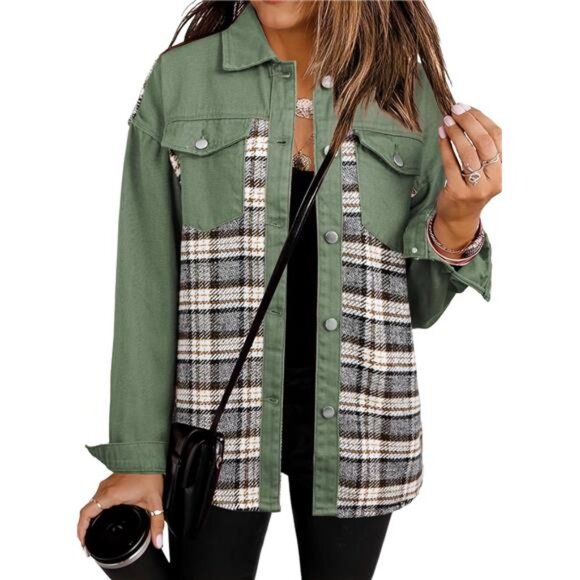 Womens Oversized Denim Jacket Casual Long Sleeve Button Down Plaid - Picture 2 of 7